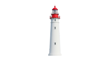 A tall white lighthouse with a red top stands guard, offering guidance and safety to ships at sea.
