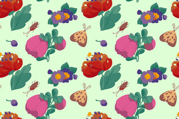 Summer seamless pattern with flowers, butterfly, beetle. Textile texture with flowers. Vector
