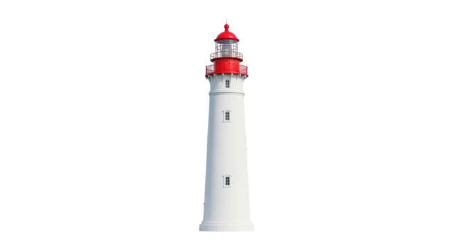 A tall white lighthouse with a red top stands guard, offering guidance and safety to ships at sea.