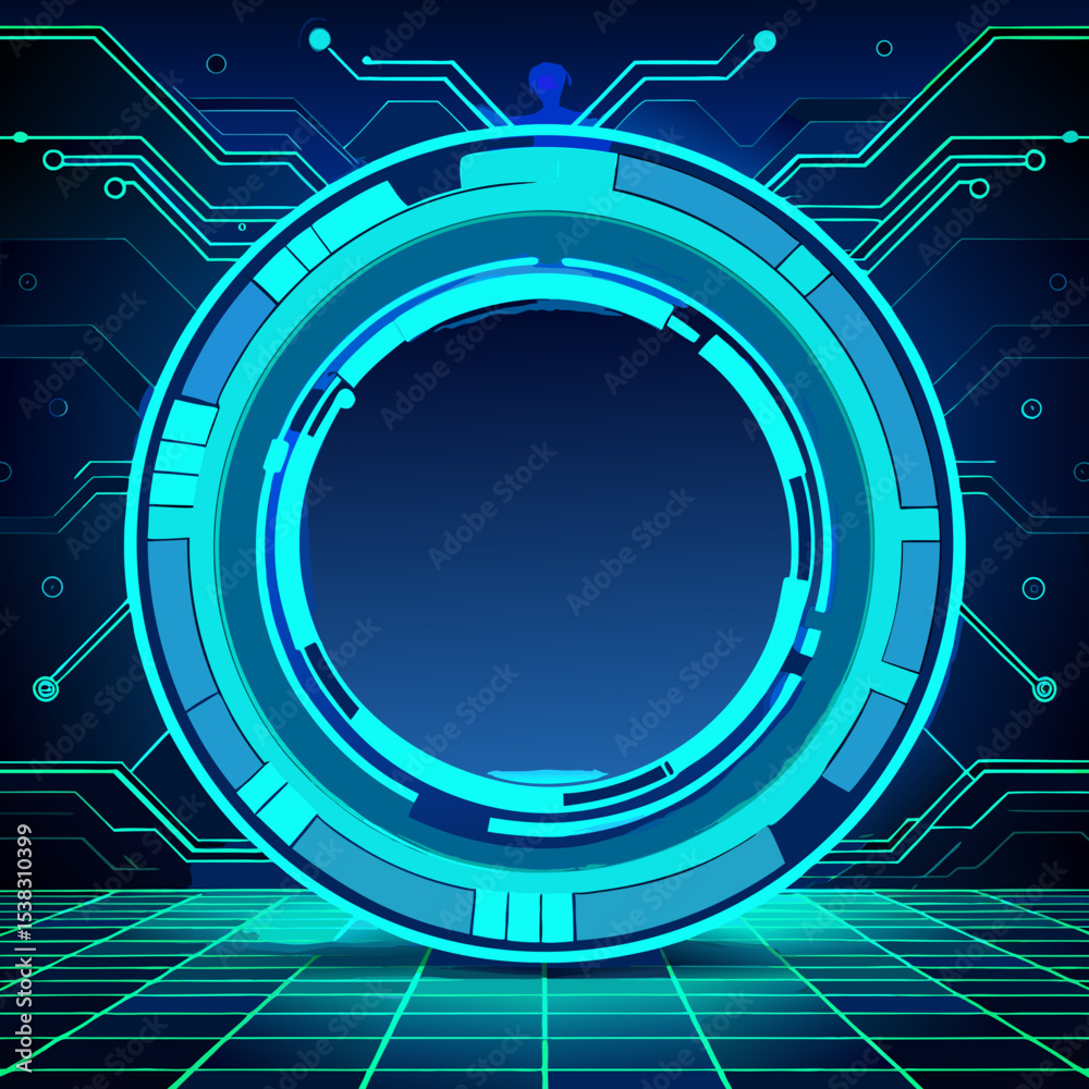 Poster futuristic technology interface with circular frame and circuit board pattern vector art