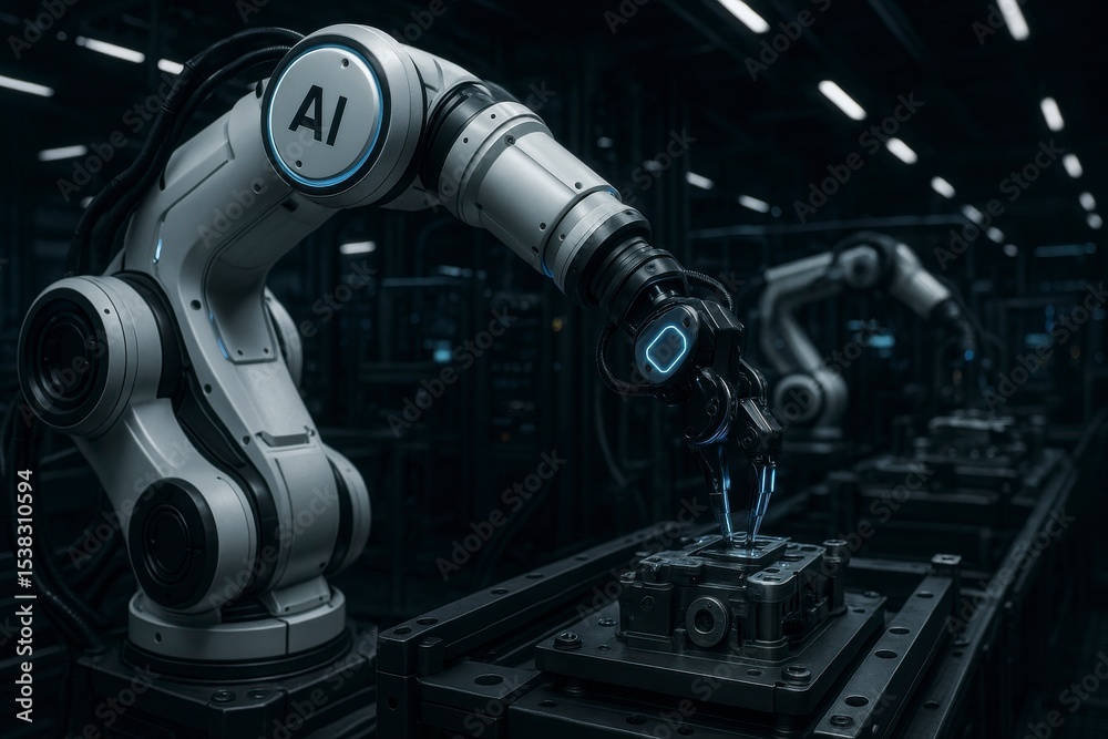 Poster robotic arms with ai working on a metal part in a dark factory setting