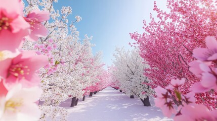 A magical path lined with blooming cherry trees celebrating the beginning of spring with a clear