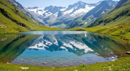 Fototapeta premium Serene Mountain Lake Reflecting Majestic Peaks: Stunning Alpine Scenery