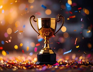 Shiny golden trophy surrounded by vibrant confetti and bokeh lights, symbolizing success and celebration.
