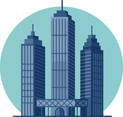 Obraz premium Modern office skyscrapers with blue shades and circular background vector illustration