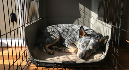 A beautiful Australian cattle dog napping in his crate in a sunlit room