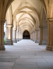 A tranquil view of a historic cloister with Gothic arches and columns, showcasing elegant symmetry and soft lighting.