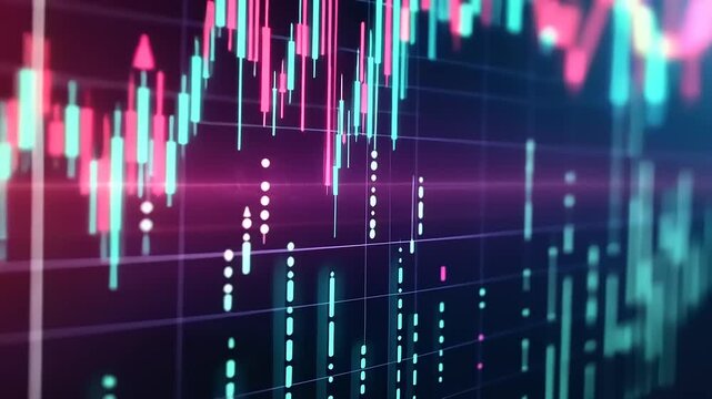 Colorful stock market graph showing fluctuating trends with vibrant candlestick patterns and data points