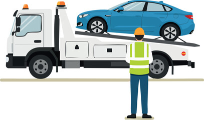Naklejka premium Tow truck carrying blue car with worker in safety vest and helmet vector illustration 