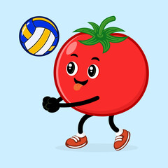 Cheerful Tomato character spiking volleyball, representing playful nutrition and athletic lifestyle