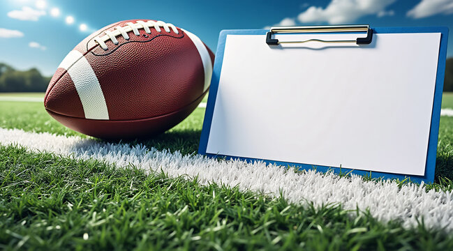 Football and Blank Clipboard on Green Field Ready for Game Instructions and Strategy