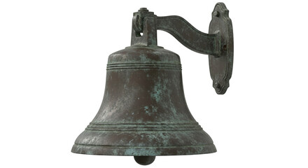 Fototapeta premium A weathered bronze bell affixed to a wall mount, exhibiting rich patinas and textured surfaces.