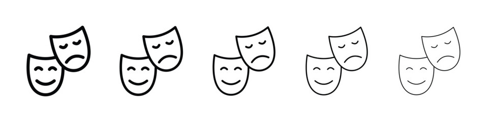 Theater masks icons in black stroke designs on white background