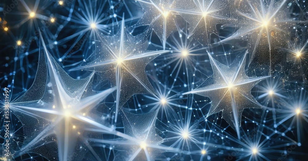 Poster abstract digital artwork. glowing stars, lines connect points. deep blue background creates cosmic f