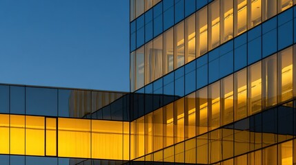 Modern office building facade at twilight, with illuminated yellow windows