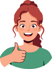 Happy woman giving thumbs up gesture with red hair and green shirt vector illustration 
