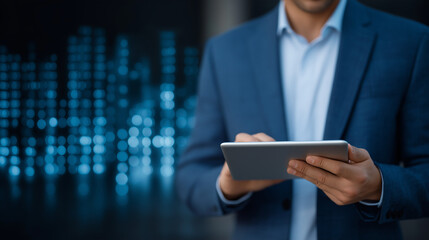 Businessman Analyzing Financial Data with Tablet and Customer Database