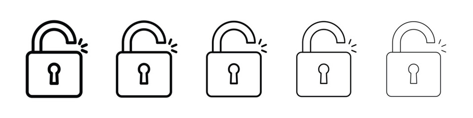 Unlock icons in black stroke designs on white background