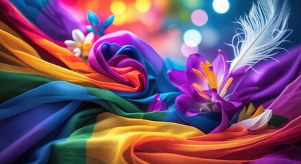 Fototapeta premium A vibrant display of colorful fabric with flowers and a delicate white feather