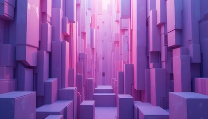 Abstract purple urban design of geometric squares with a city skyline at night