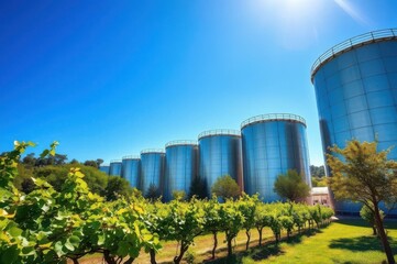 Large cylindrical steel tanks lined up outdoors, surrounded by v