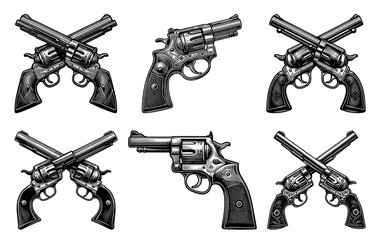 revolver pistol Set collection bundle sketch engraving generative ai PNG illustration. Scratch board imitation. Black and white image.