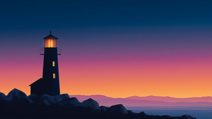 A lighthouse stands tall against a vibrant sunset, casting warm light. The landscape features rocky shore and distant mountains. Concept of maritime safety, coastal tourism, nature appreciation