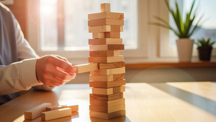 Business ideas of leaders and problem-solving related to financial and investment business development planning. Jenga, Leadership, Business, Risk, Strategy, Decision