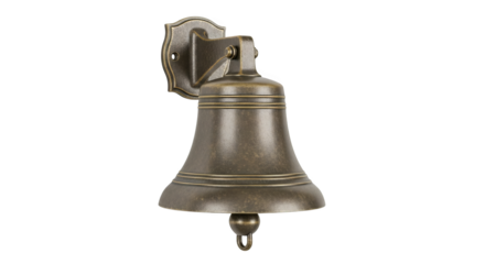Detailed brass bell mounted on a wall, showcasing its aged patina and classical design elements.
