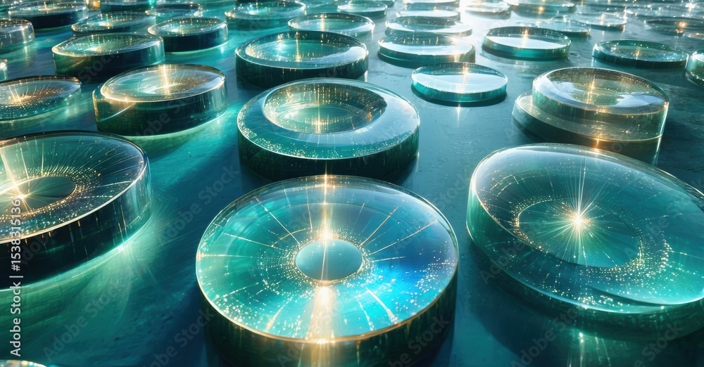 Poster Glowing circular platforms fill dark space. Light emanates from centers, creating futuristic scene. Teal hues dominate composition.