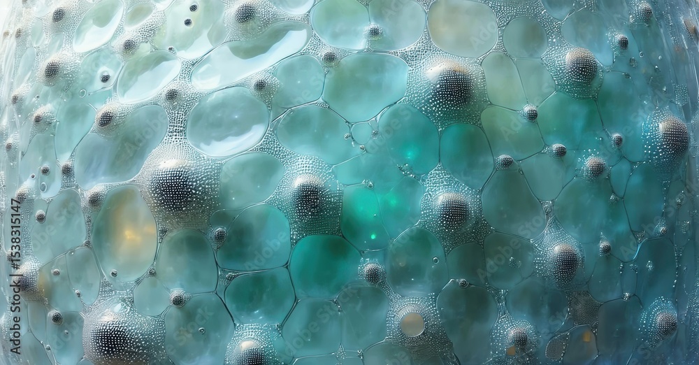 Poster Bubbles form intricate pattern. Turquoise, teal hues dominate surface. Light refracts, creating abstract texture. Closeup view reveals complex details.