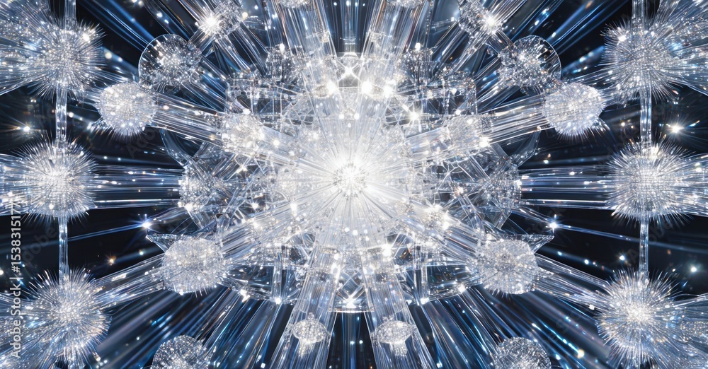 Poster bright fractal pattern radiates outward. complex geometry, light streaks, dark background create stu