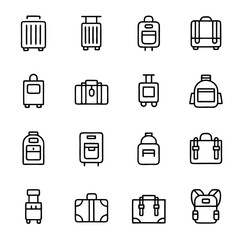 Line art of various luggage, backpacks, and suitcases showcase travel essentials