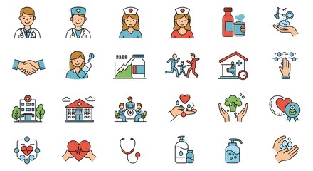 Obraz premium Health and wellness icons representing medical care, public health, and community support initiatives