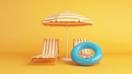 Obraz premium Striped beach chairs and umbrella with a pool float on a bright yellow background.