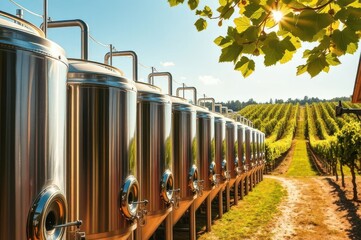 Series of metallic wine tanks aligned neatly beside a winery, su