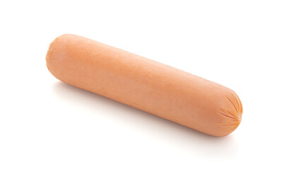 Fresh raw sausages falling on white background. Food.