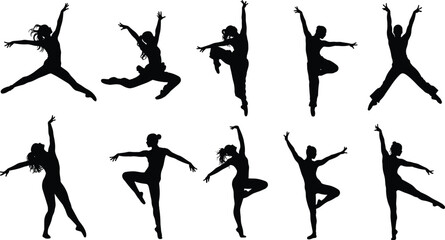 Silhouette of dancers in various poses and movements, energetic ballet and modern dance figures, artistic body language and graceful dance illustration for fitness and performance concept