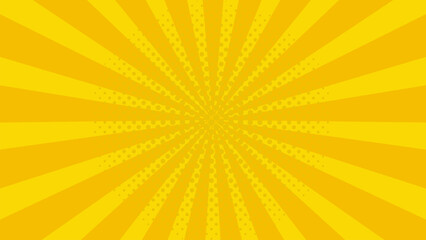Bright yellow pop art background with comic rays and halftone dots. Sunburst radial lines for sale, retro design, comic book style, explosion, vintage energy theme, or summer banner template.