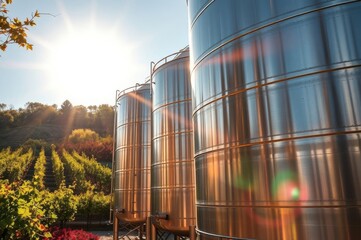Tall silver wine tanks outside a vineyard estate, sunlight casti