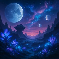 Naklejka premium Fantasy Moonlit Forest at Night with Glowing Trees and Stars