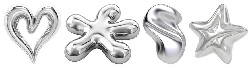 PNG Four shiny metallic shapes: heart, blob, swirl, star element set on transparent background.