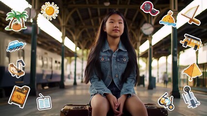 Young Girl Sitting Calmly on Suitcase at Train Station Platform in Natural Light - Powered by Adobe
