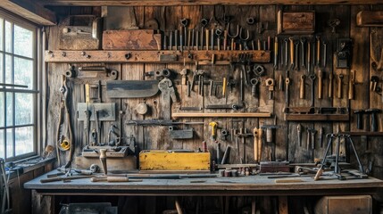 Wooden workshop tools and workbench