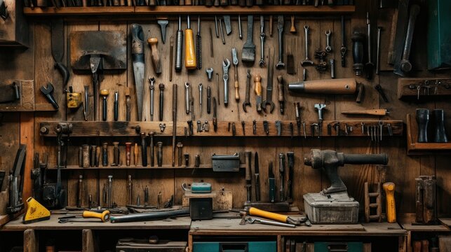 Woodworking tools on a workshop wall