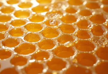 Translucent Close Up of Honeycomb with Round Openings and Smooth, Shiny Texture for Food Designs