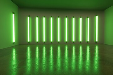 Fototapeta premium Empty room with glowing green vertical tubes