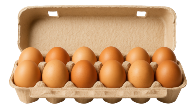 A dozen brown eggs neatly arranged in an open cardboard carton.