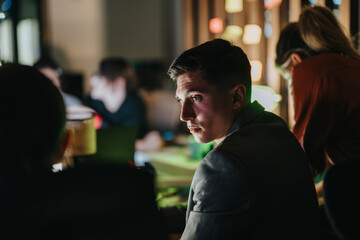 A man in a suit, looking intently, sits in a dimly lit office. Behind him, coworkers are engaged in discussion, creating a serious and focused work atmosphere.