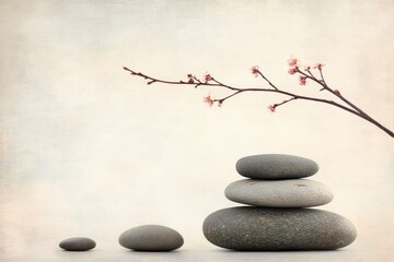Zen stones, delicate blossoms, soft light